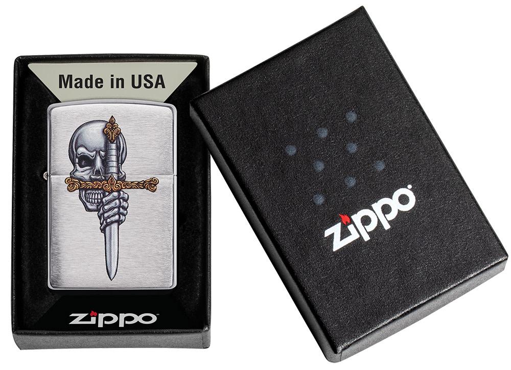 Sword Skull Design Brushed Chrome Windproof Lighter in its packaging